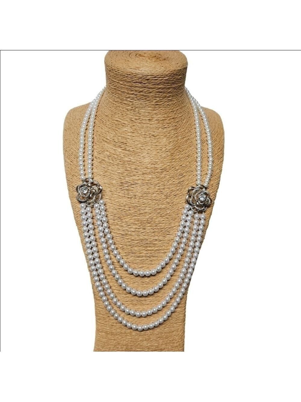 4-Strand Faux Pearl Opera Length Necklace with Crystal Accent Roses
